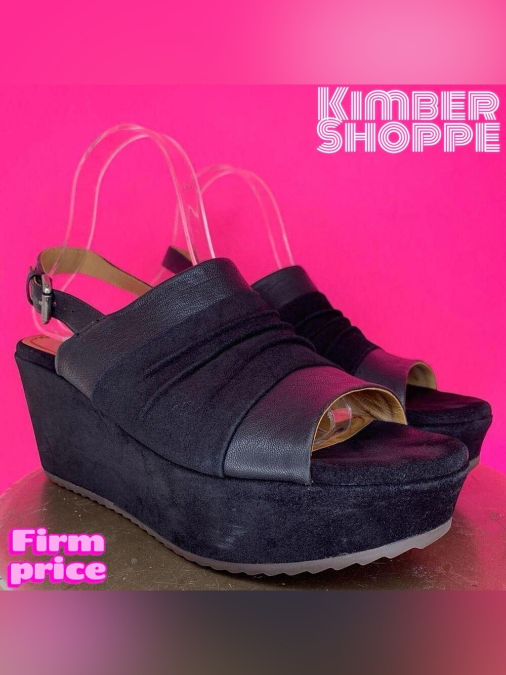 Trask Shari Black Suede Wedge Heel Platform Slingback Sandals US 9 UK 6.5